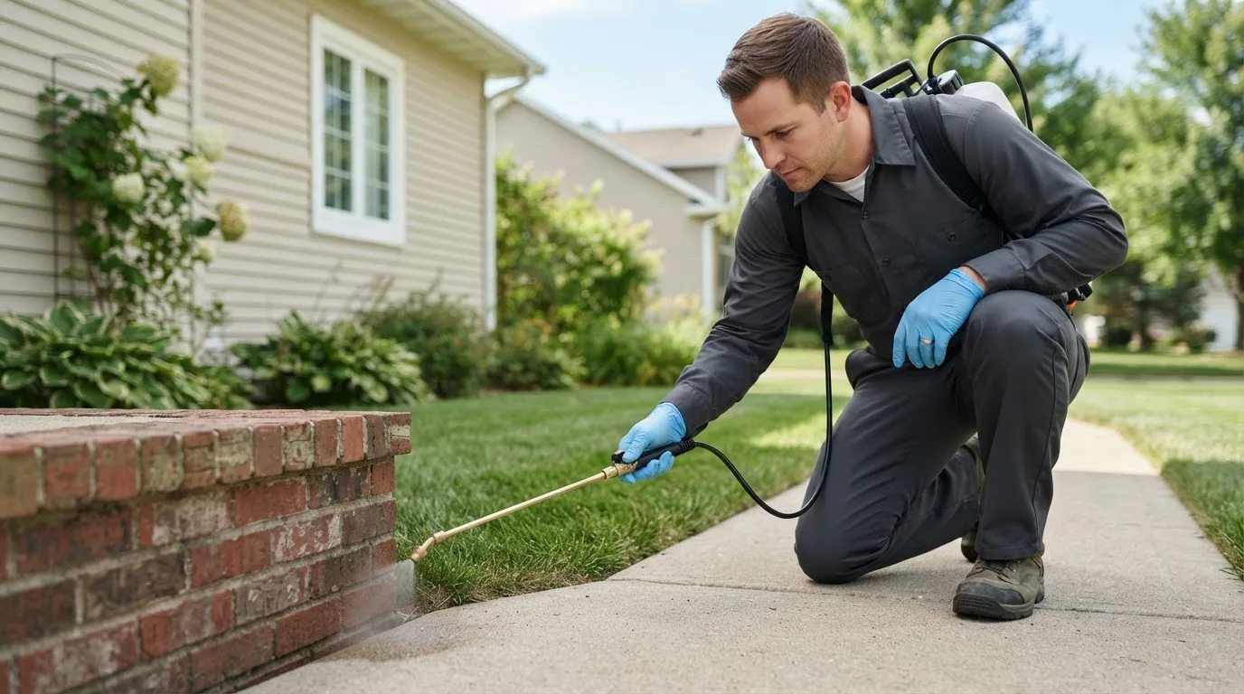 Pest control technician treating a home near Aquebogue, NY