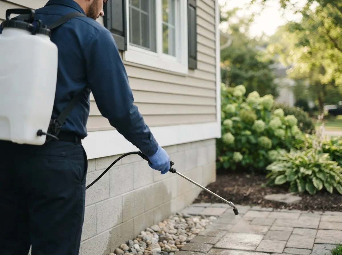 Pest control technician inspecting a home in Aquebogue, NY